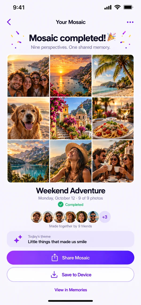 Completed nine-photo Mosaic with sharing and saving buttons